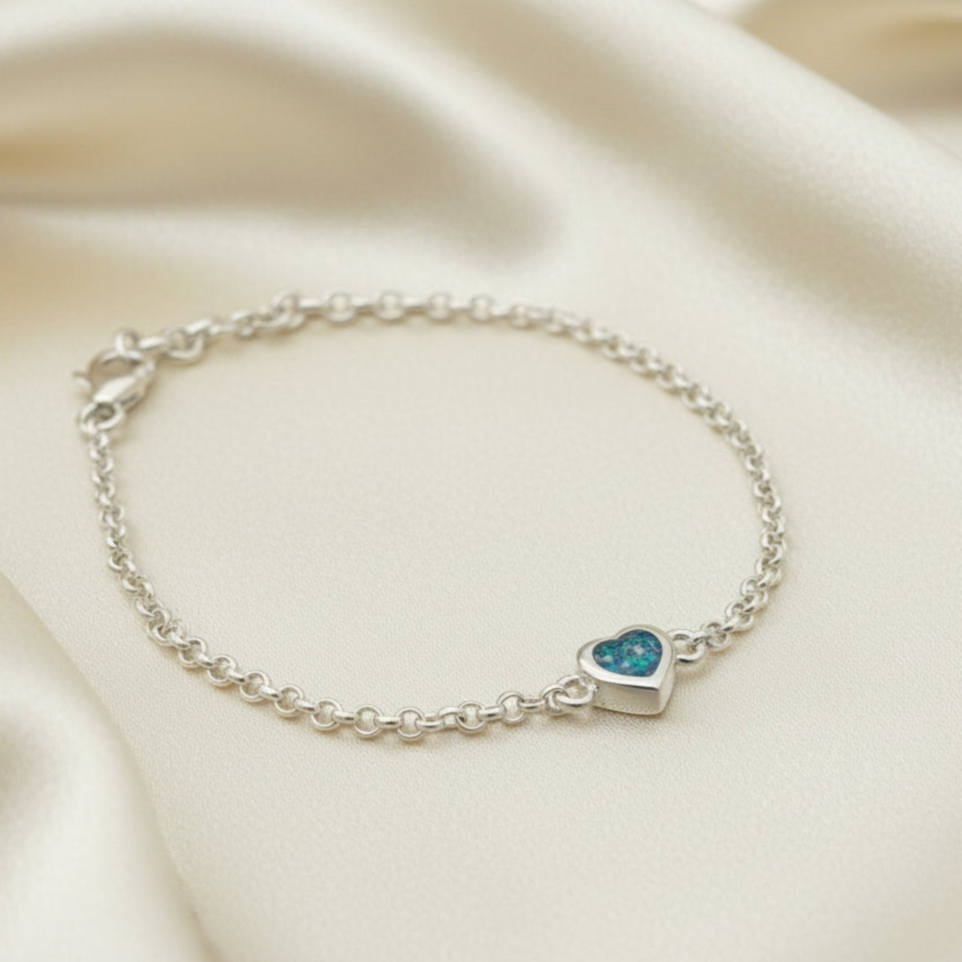Cassia Bracelet — silver belcher chain mini heart ashes memorial bracelet, handcrafted in Lancashire, UK