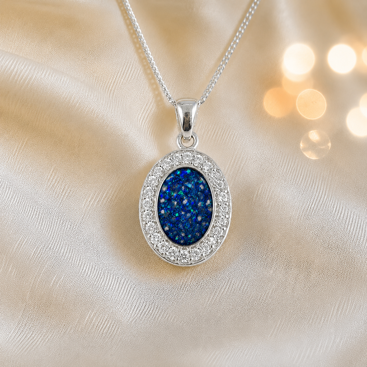 Celae oval ashes pendant in sapphire glow, handcrafted in Lancashire UK