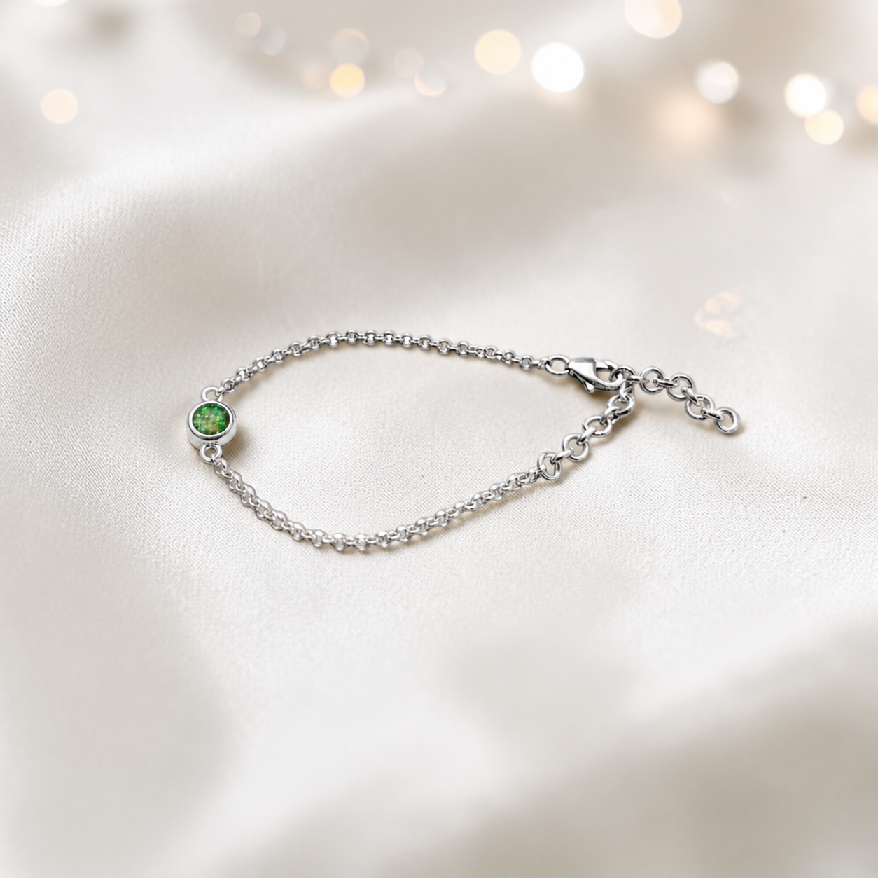 Celestia memorial round belcher bracelet in fruit green, handcrafted in Lancashire UK - by Keepsake Memorial Jewellery