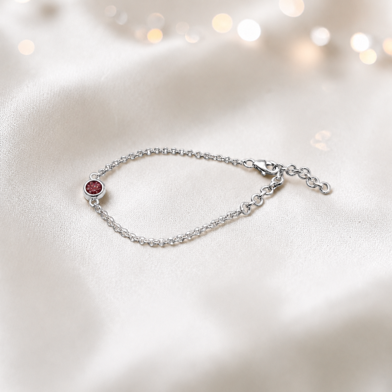 Celestia memorial round belcher bracelet in ruby red, handcrafted in Lancashire UK - by Keepsake Memorial Jewellery