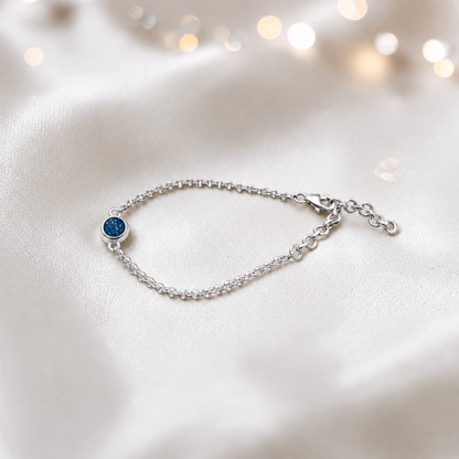 Celestia memorial round belcher bracelet in sapphire glow, handcrafted in Lancashire UK - by Keepsake Memorial Jewellery