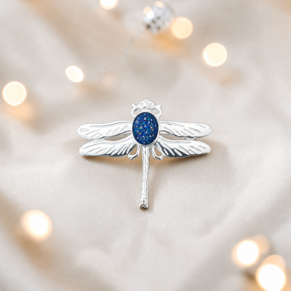 Celestial brooch - sterling silver ashes memorial brooch in sapphire glow, handcrafted in Lancashire UK - by Keepsake Memorial Jewellery