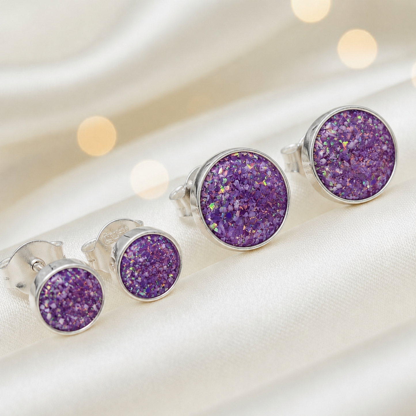 Radiance Earrings — silver round ashes memorial stud earrings in Rose Pink resin, handcrafted in Lancashire, UK