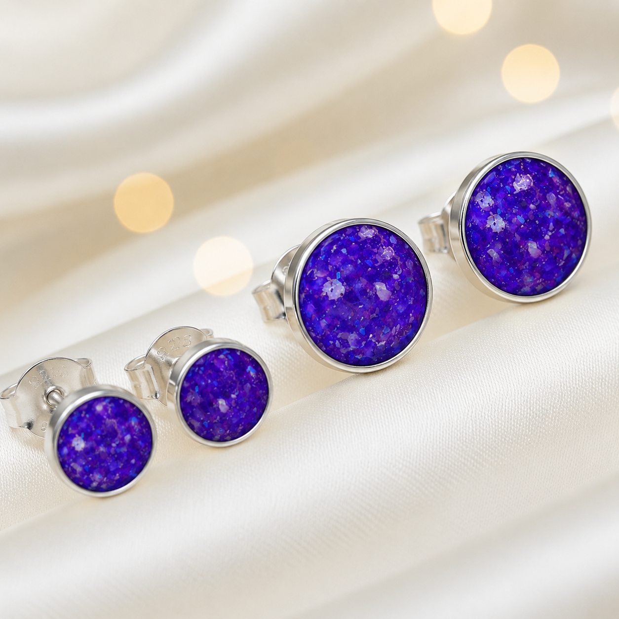 Radiance Earrings — silver round ashes memorial stud earrings in Sleepy Lavender resin, handcrafted in Lancashire, UK
