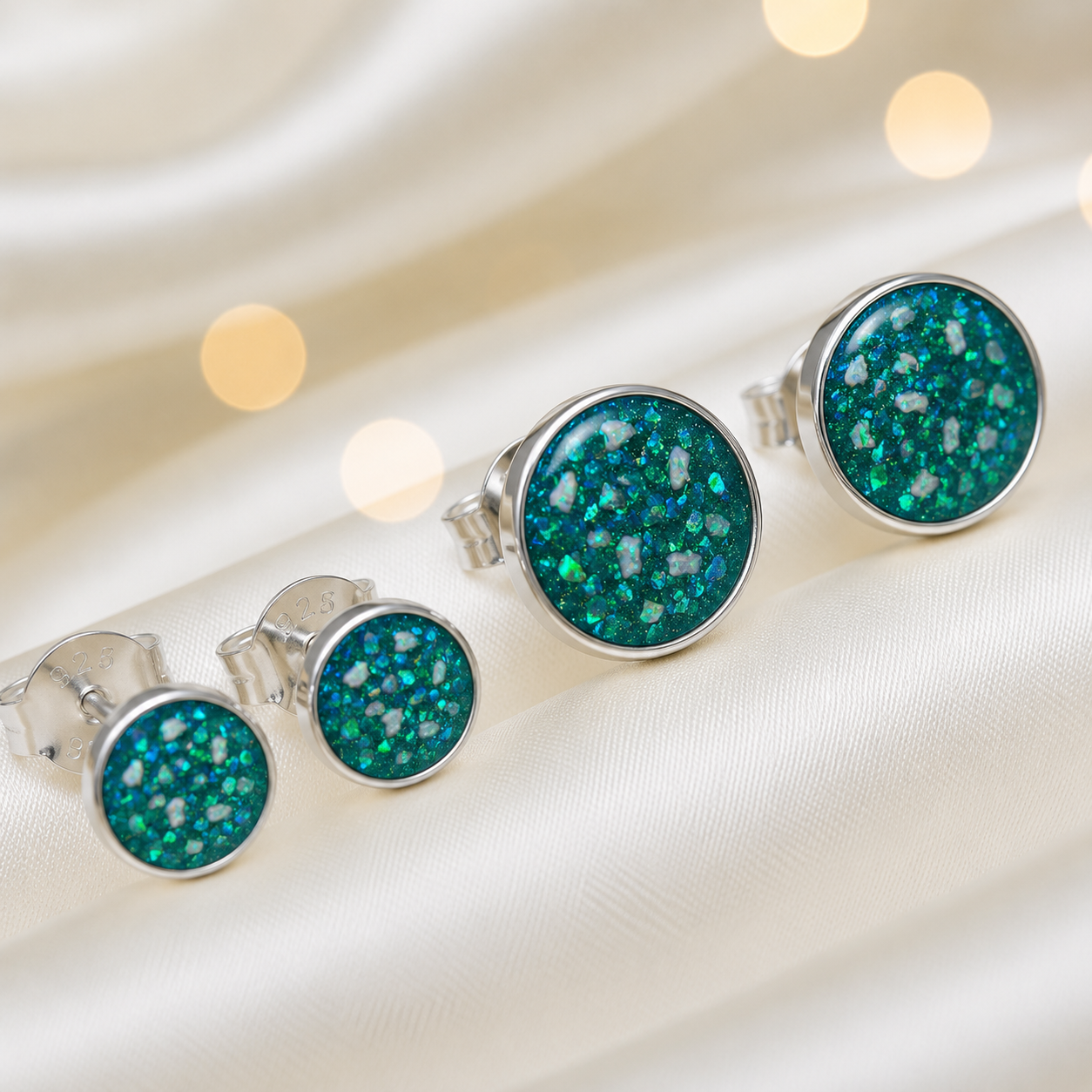 Radiance Earrings — silver round ashes memorial stud earrings in Teal Mist resin, handcrafted in Lancashire, UK