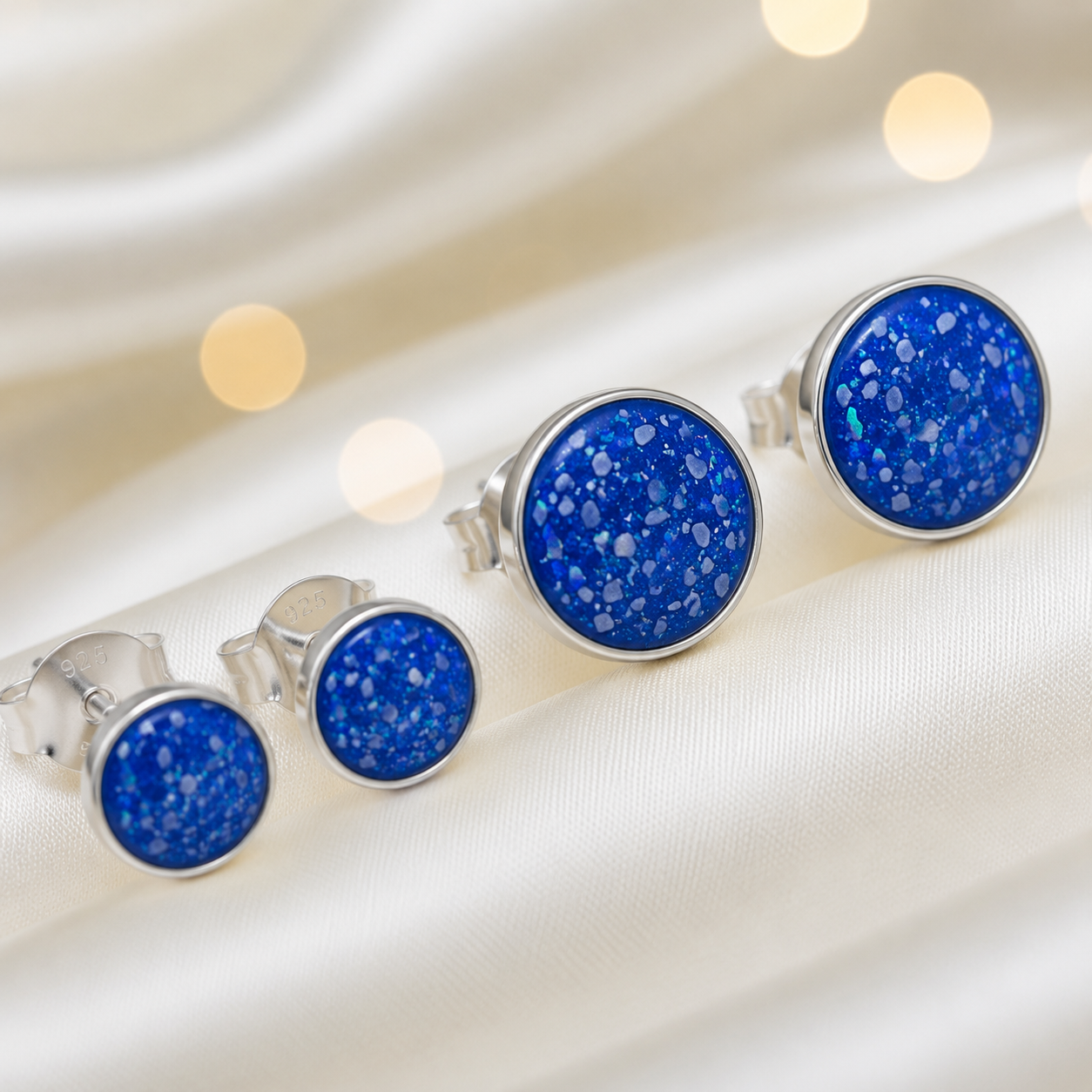 Radiance Earrings — silver round ashes memorial stud earrings in Royal Blue resin, handcrafted in Lancashire, UK