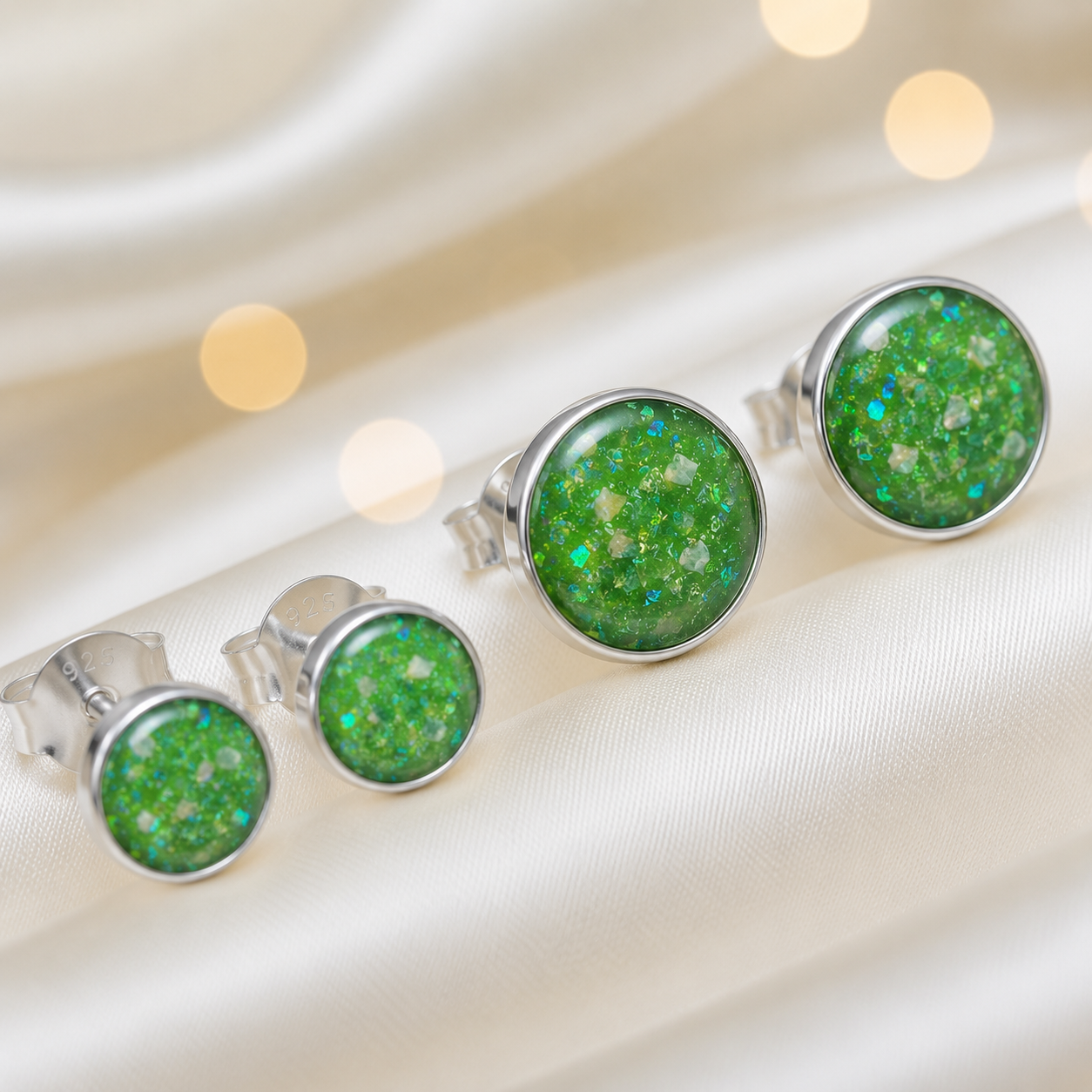 Radiance Earrings — silver round ashes memorial stud earrings in Fruit Green resin, handcrafted in Lancashire, UK