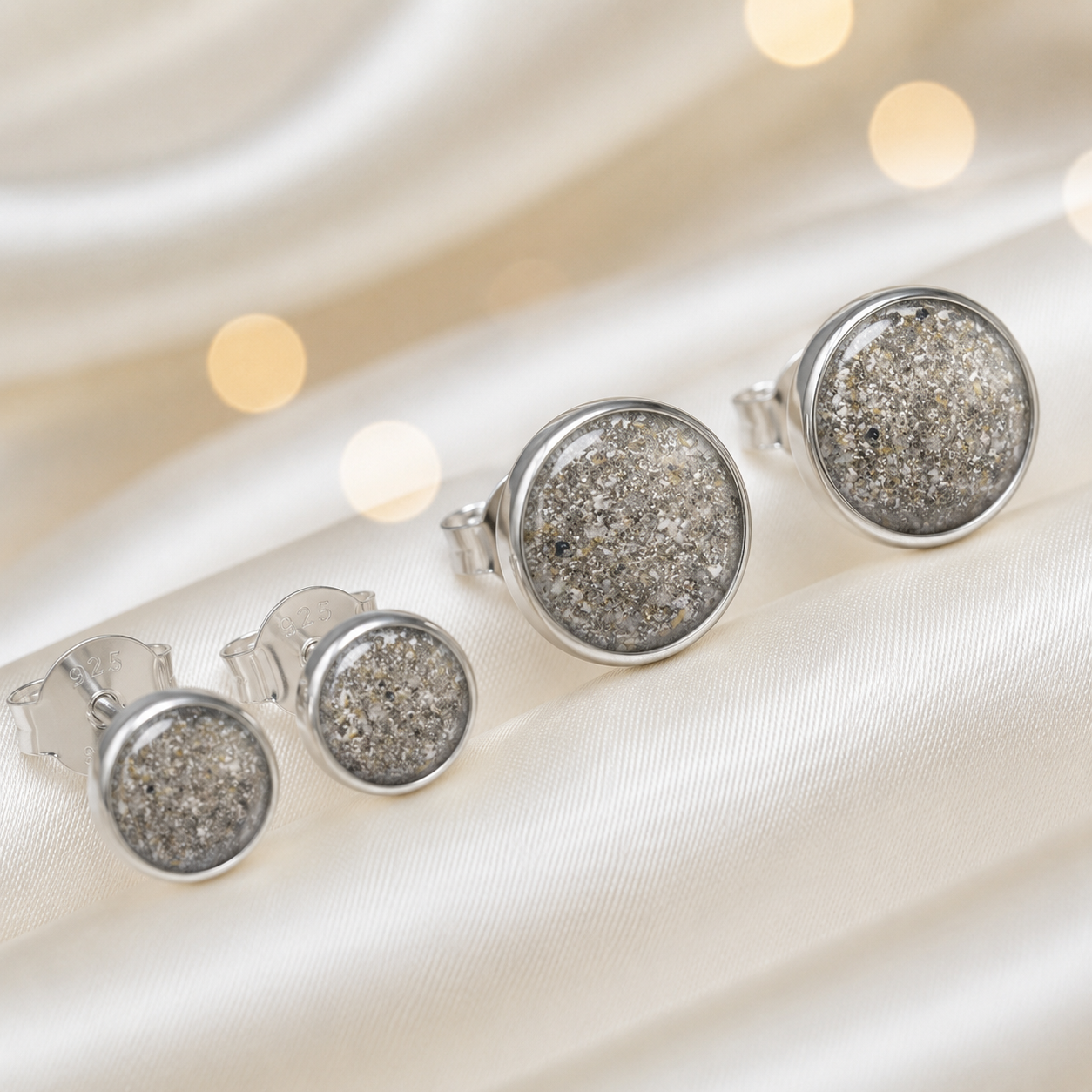 Radiance Earrings — silver round ashes memorial stud earrings in Natural Ash resin, handcrafted in Lancashire, UK