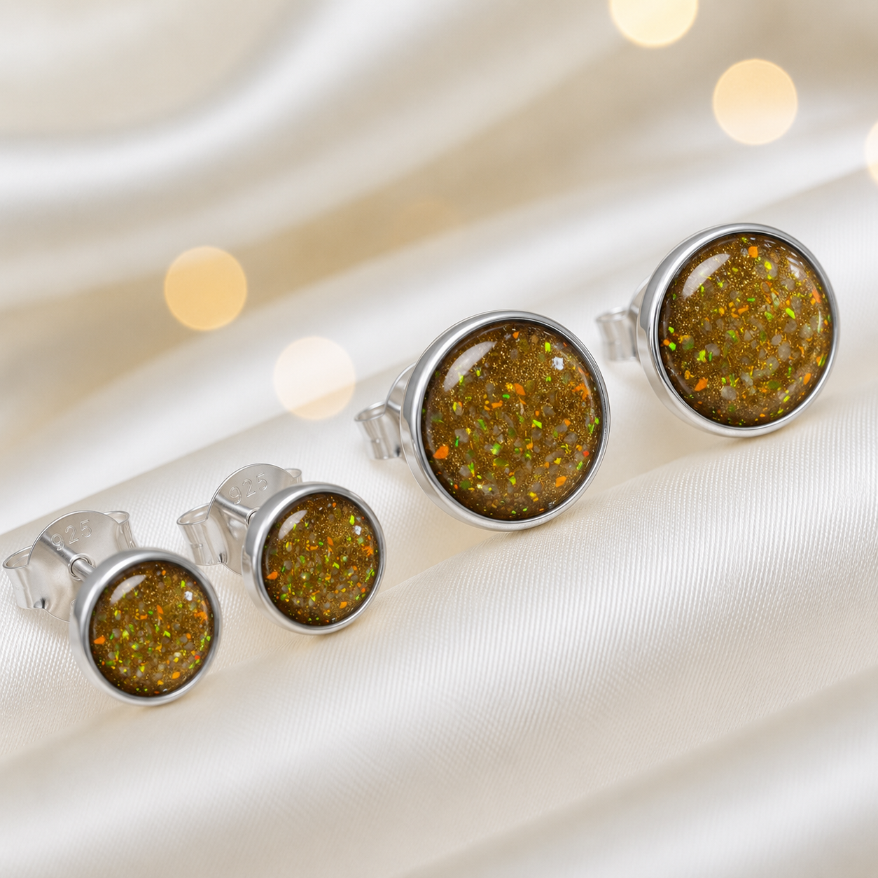 Radiance Earrings — silver round ashes memorial stud earrings in Gold Olive resin, handcrafted in Lancashire, UK