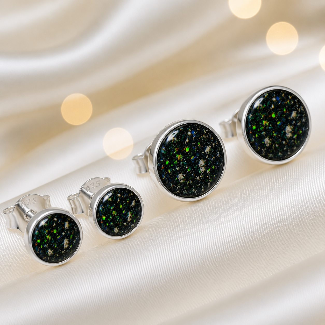 Radiance Earrings — silver round ashes memorial stud earrings in Black Flame resin, handcrafted in Lancashire, UK
