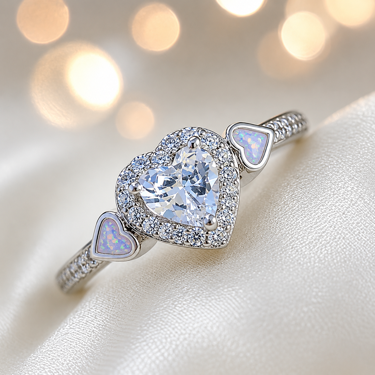 Keepsake Memorial Silver Ladies Heart Cluster Ring - Opaline