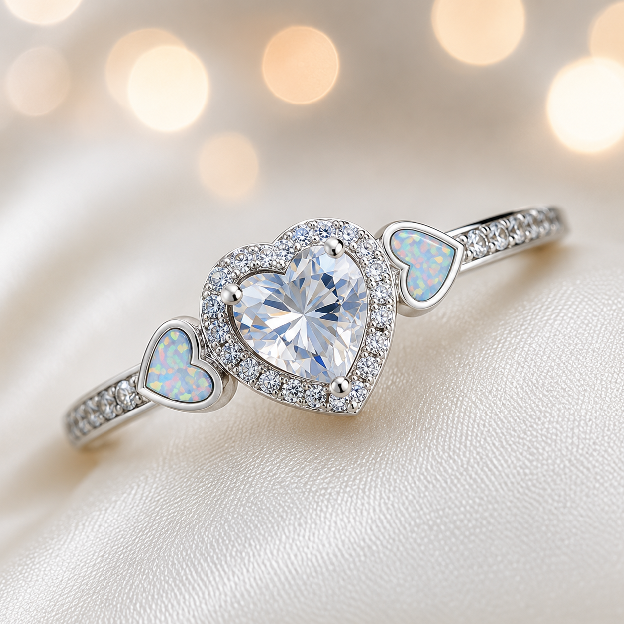 Keepsake Memorial Silver Ladies Heart Cluster Ring - Opaline