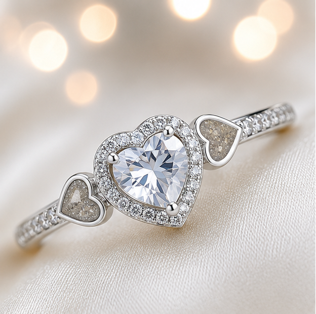 Keepsake Memorial Silver Ladies Heart Cluster Ring - Opaline