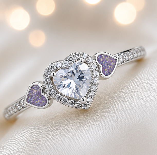 Keepsake Memorial Silver Ladies Heart Cluster Ring - Opaline