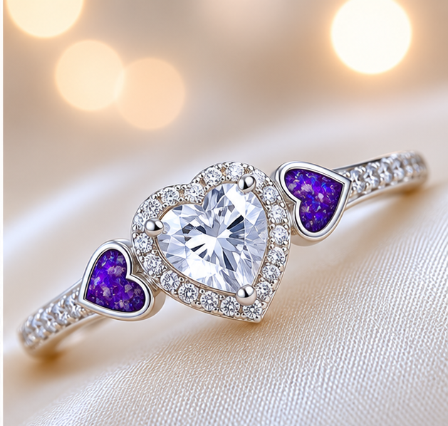 Keepsake Memorial Silver Ladies Heart Cluster Ring - Opaline