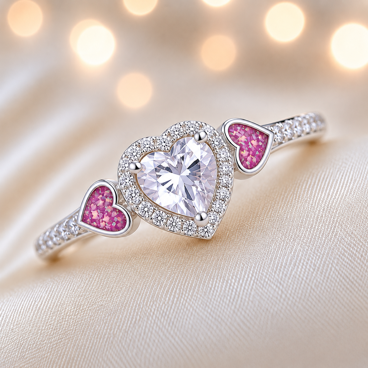 Keepsake Memorial Silver Ladies Heart Cluster Ring - Opaline