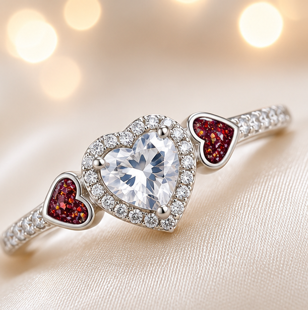 Keepsake Memorial Silver Ladies Heart Cluster Ring - Opaline