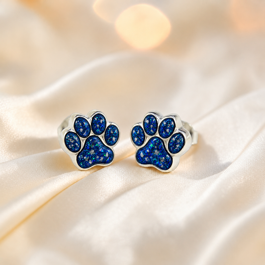 Cleo pet paw memorial ear studs in Sapphire Glow opal — sterling silver, handcrafted in Lancashire, UK - by Keepsake Memorial Jewellery