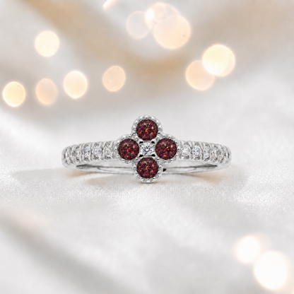 Keepsake Memorial Silver Clover Ashes Ring in Ruby Red  - Handcrafted in the UK