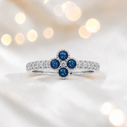 Keepsake Memorial Silver Clover Ashes Ring in Sapphire Glow  - Handcrafted in the UK