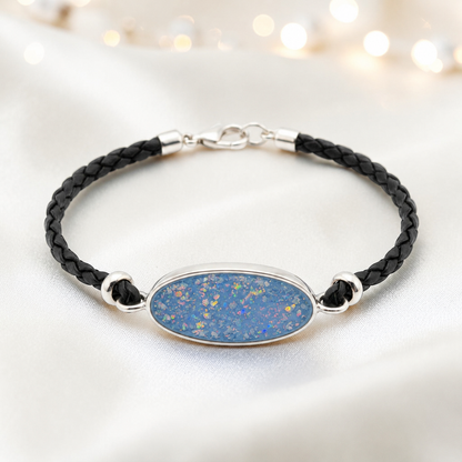 Baby blue Continuum men's sterling silver and leather memorial bracelet , handcrafted in Lancashire UK by Keepsake Memorial Jewellery
