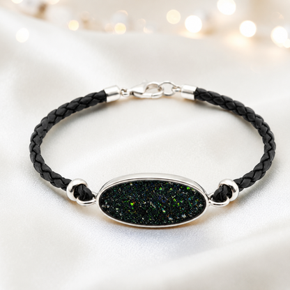 Black flame Continuum men's sterling silver and leather memorial bracelet , handcrafted in Lancashire UK by Keepsake Memorial Jewellery