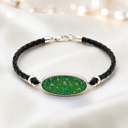 Fruit green Continuum men's sterling silver and leather memorial bracelet , handcrafted in Lancashire UK by Keepsake Memorial Jewellery
