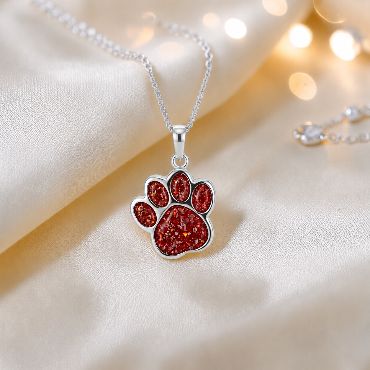 Daisy Pendant - silver dog paw memorial ashes pendant in ruby red, handcrafted in Lancashire UK - Keepsake Memorial Jewellery