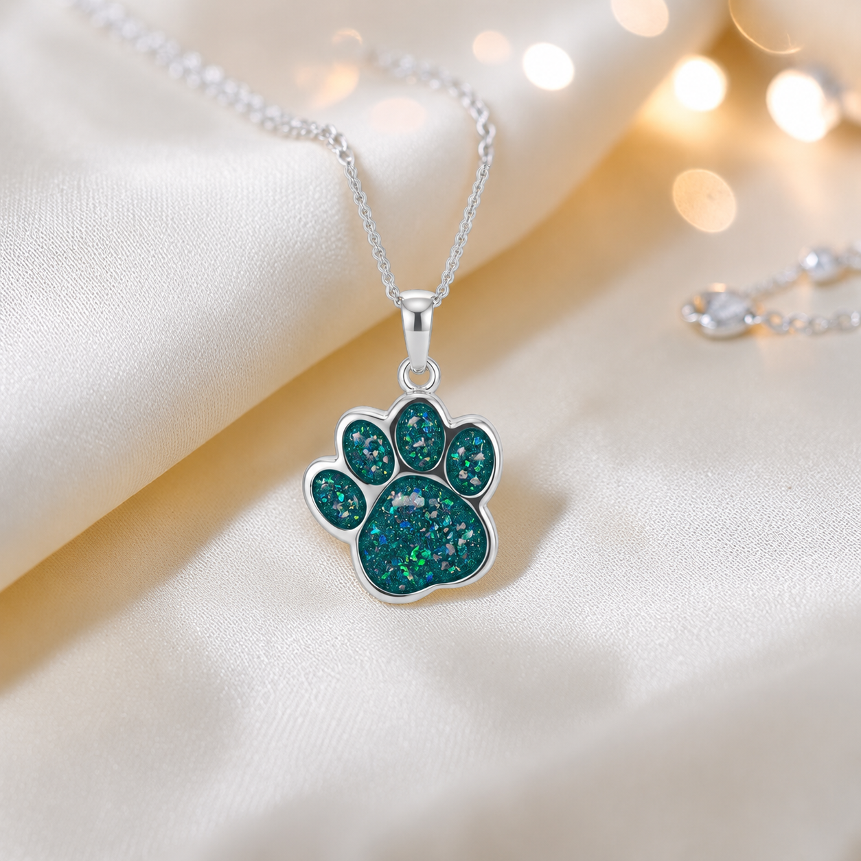 Daisy Pendant - silver dog paw memorial ashes pendant in teal mist, handcrafted in Lancashire UK - Keepsake Memorial Jewellery
