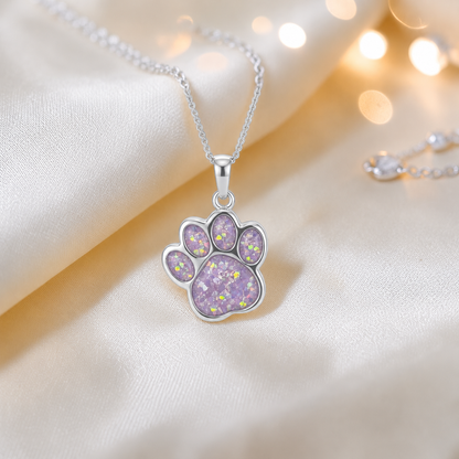 Daisy Pendant - silver dog paw memorial ashes pendant in unicorn purple , handcrafted in Lancashire UK - Keepsake Memorial Jewellery