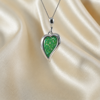 Deneb curved heart silver ashes pendant in fruit green, handcrafted in Lancashire UK