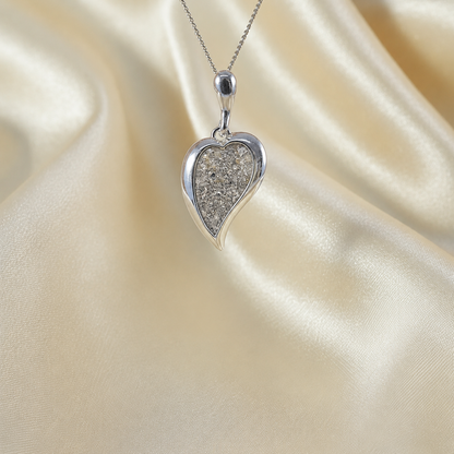 Deneb curved heart silver ashes pendant in natural ash, handcrafted in Lancashire UK