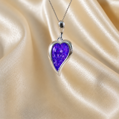 Deneb curved heart silver ashes pendant in sleepy lavender, handcrafted in Lancashire UK