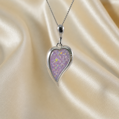 Deneb curved heart silver ashes pendant in unicorn purple, handcrafted in Lancashire UK