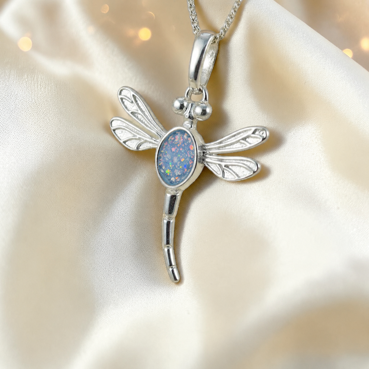 Dubhe dragonfly silver ashes pendant in baby blue, handcrafted in Lancashire UK - by Keepsake Memorial Jewellery