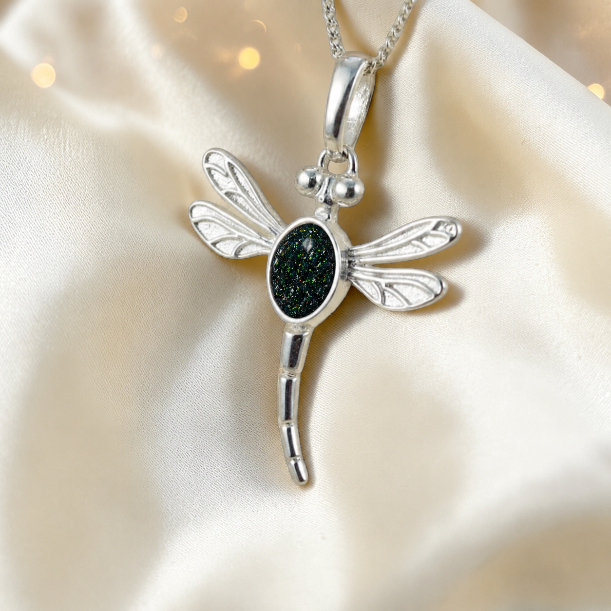 Dubhe dragonfly silver ashes pendant in black flame, handcrafted in Lancashire UK - by Keepsake Memorial Jewellery