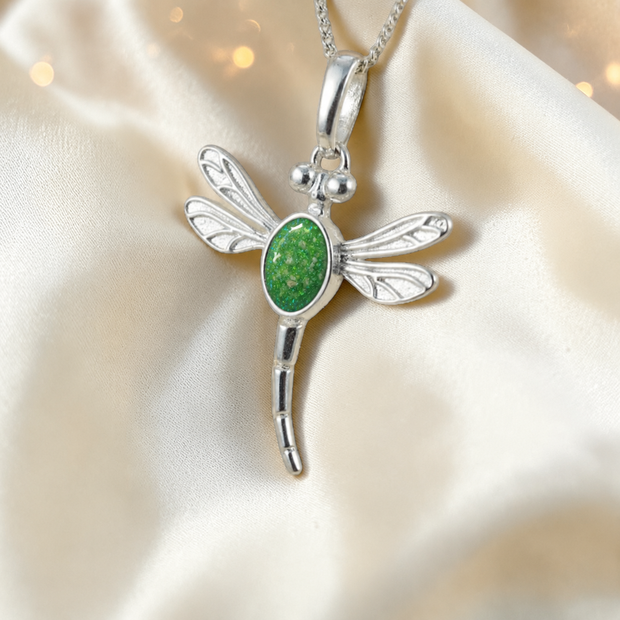 Dubhe dragonfly silver ashes pendant in fruit green, handcrafted in Lancashire UK - by Keepsake Memorial Jewellery