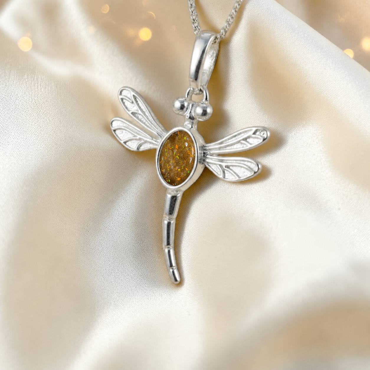 Dubhe dragonfly silver ashes pendant in gold olive, handcrafted in Lancashire UK - by Keepsake Memorial Jewellery