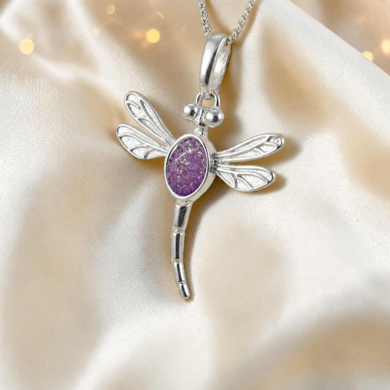 Dubhe dragonfly silver ashes pendant in rose pink, handcrafted in Lancashire UK - by Keepsake Memorial Jewellery