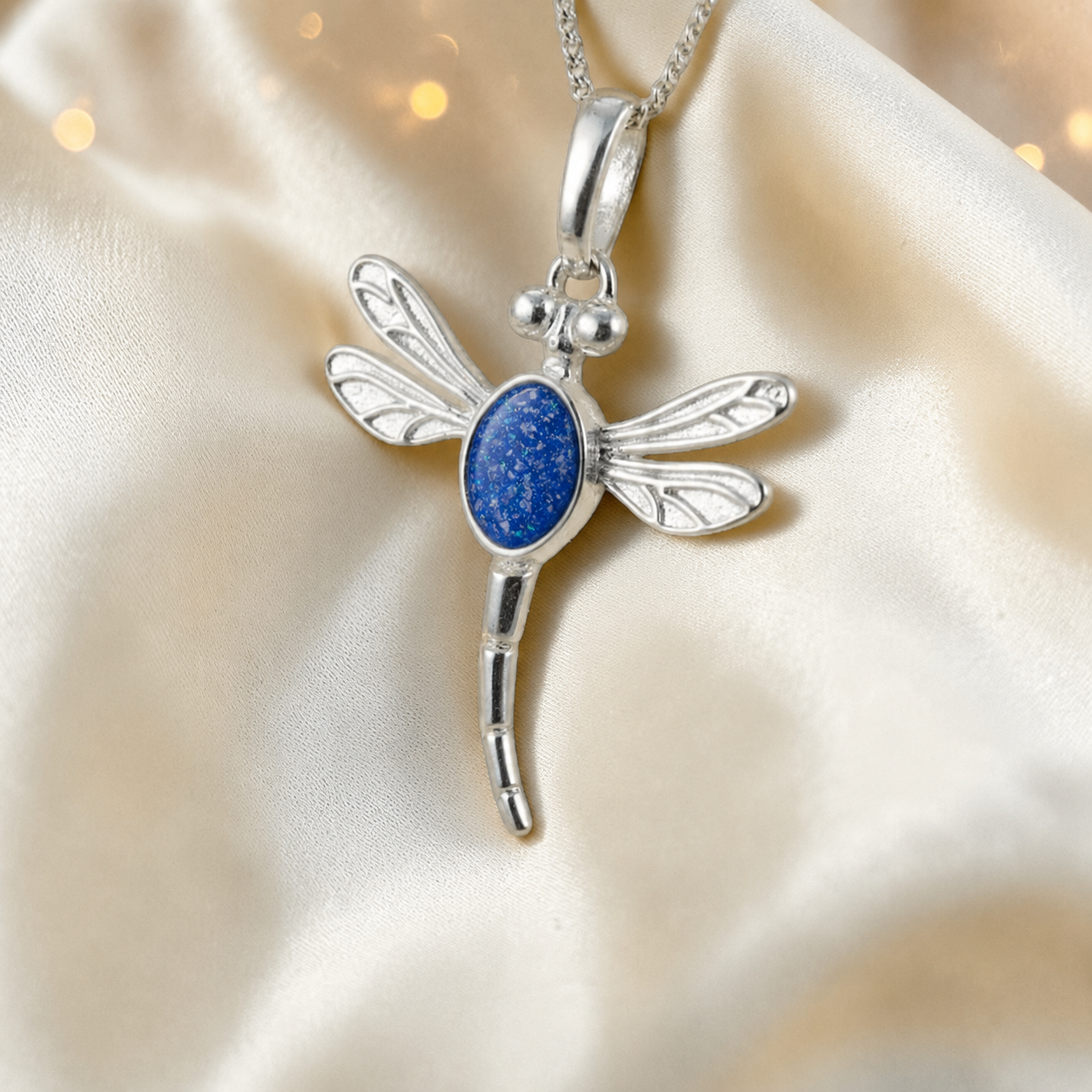 Dubhe dragonfly silver ashes pendant in royal blue, handcrafted in Lancashire UK - by Keepsake Memorial Jewellery