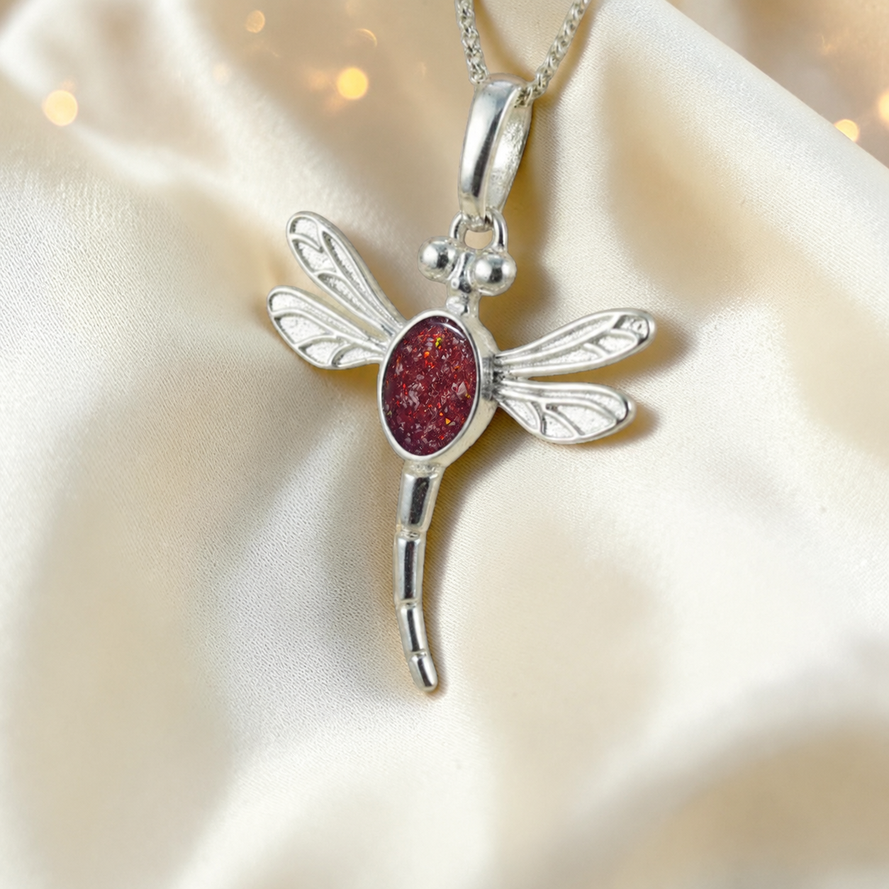 Dubhe dragonfly silver ashes pendant in ruby red, handcrafted in Lancashire UK - by Keepsake Memorial Jewellery