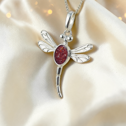 Dubhe dragonfly silver ashes pendant in ruby red, handcrafted in Lancashire UK - by Keepsake Memorial Jewellery