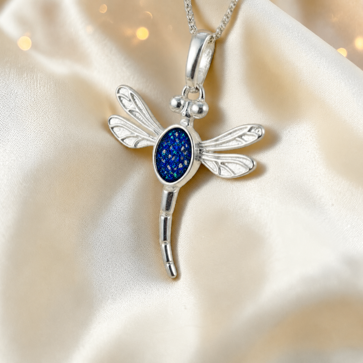 Dubhe dragonfly silver ashes pendant in sapphire glow, handcrafted in Lancashire UK - by Keepsake Memorial Jewellery