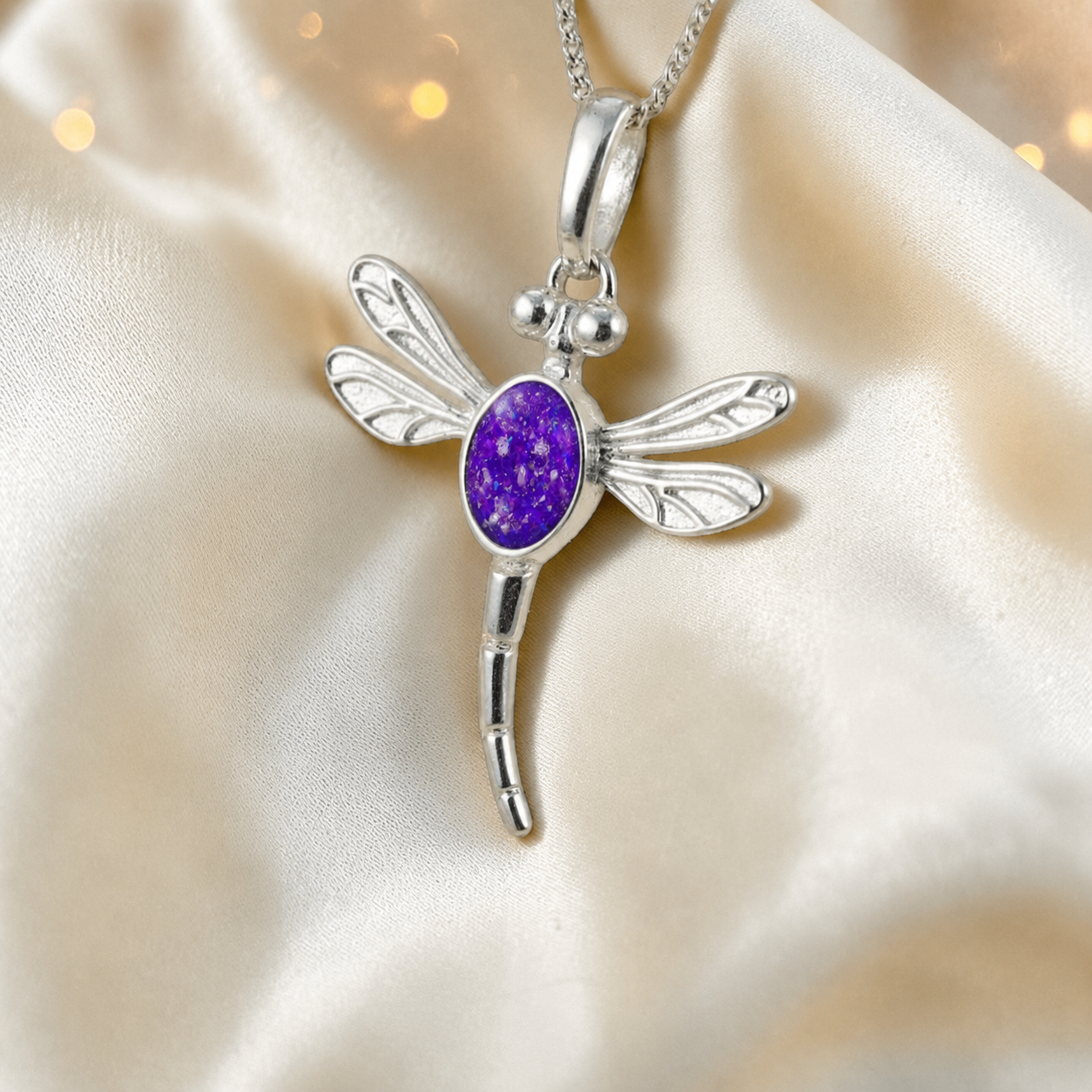 Dubhe dragonfly silver ashes pendant in sleepy lavender, handcrafted in Lancashire UK - by Keepsake Memorial Jewellery