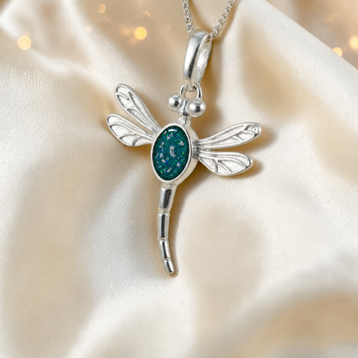 Dubhe dragonfly silver ashes pendant in teal mist, handcrafted in Lancashire UK - by Keepsake Memorial Jewellery
