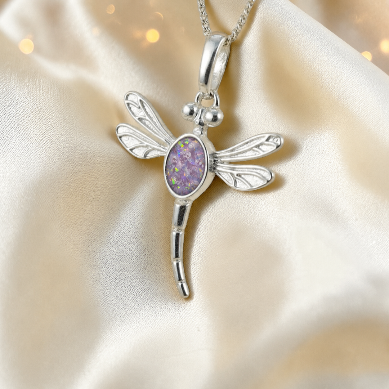 Dubhe dragonfly silver ashes pendant in unicorn purple, handcrafted in Lancashire UK - by Keepsake Memorial Jewellery