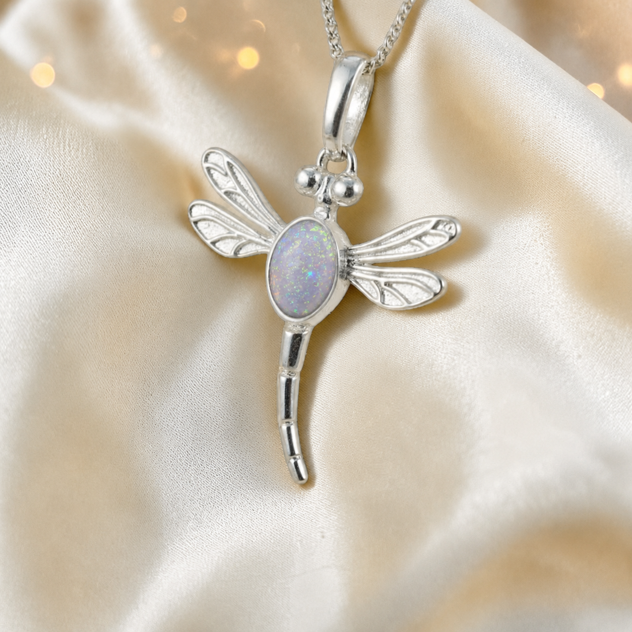 Dubhe dragonfly silver ashes pendant in white snow, handcrafted in Lancashire UK - by Keepsake Memorial Jewellery