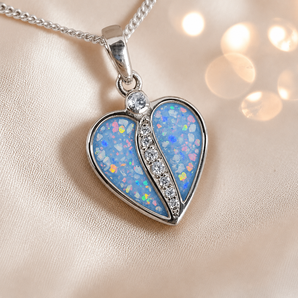 Elara Split heart shaped ashes pendant with CZ in baby blue, handcrafted in Lancashire UK