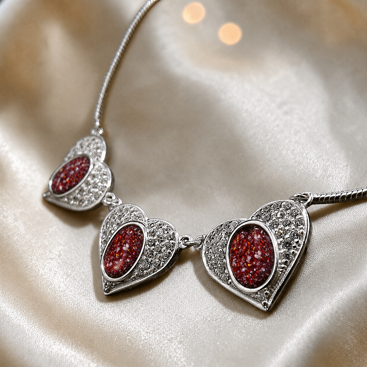 Elara Bracelet — silver three heart ashes memorial bracelet, in ruby red, handcrafted in Lancashire, UK - by Keepsake Memorial Jewellery