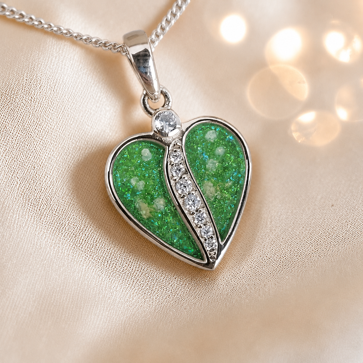 Elara Split heart shaped ashes pendant with CZ in fruit green, handcrafted in Lancashire UK